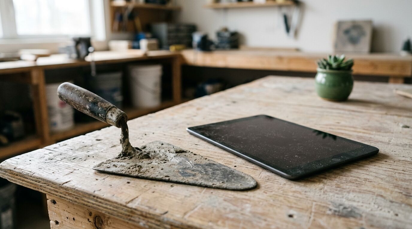 Verdreckte Kelle und Tablet liegen auf einem Holzwerkstatt-Tisch, im Hintergrund Werkstattregale