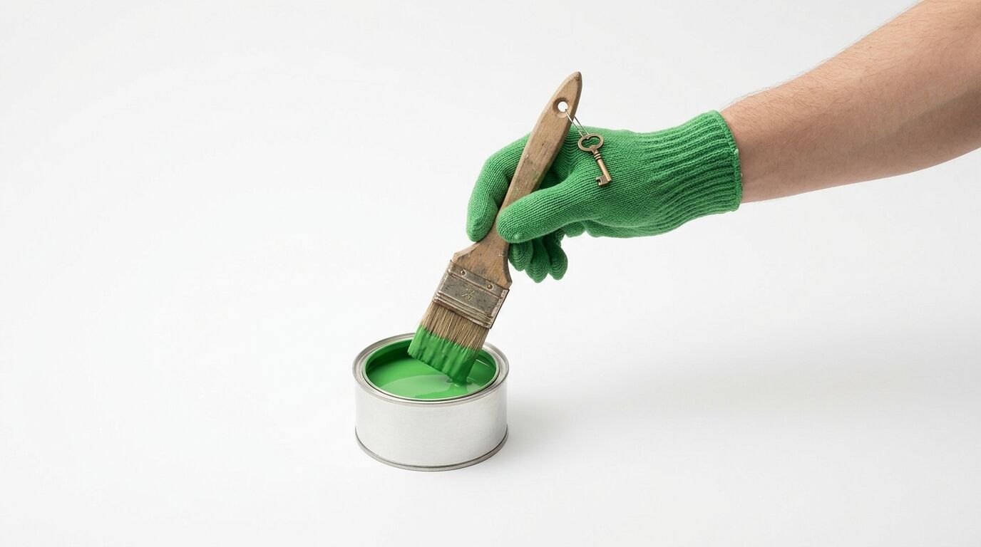 Ein behandschuhter Arm hält einen Pinsel, der in grüne Farbe getaucht wird