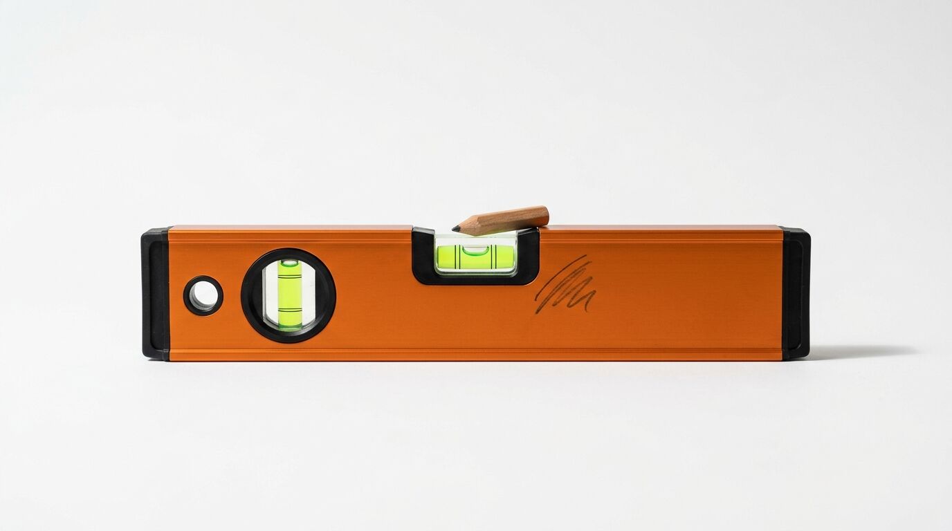 Eine orangefarbene Wasserwaage mit einem kleinen Holzbleistift darauf auf weißem Hintergrund