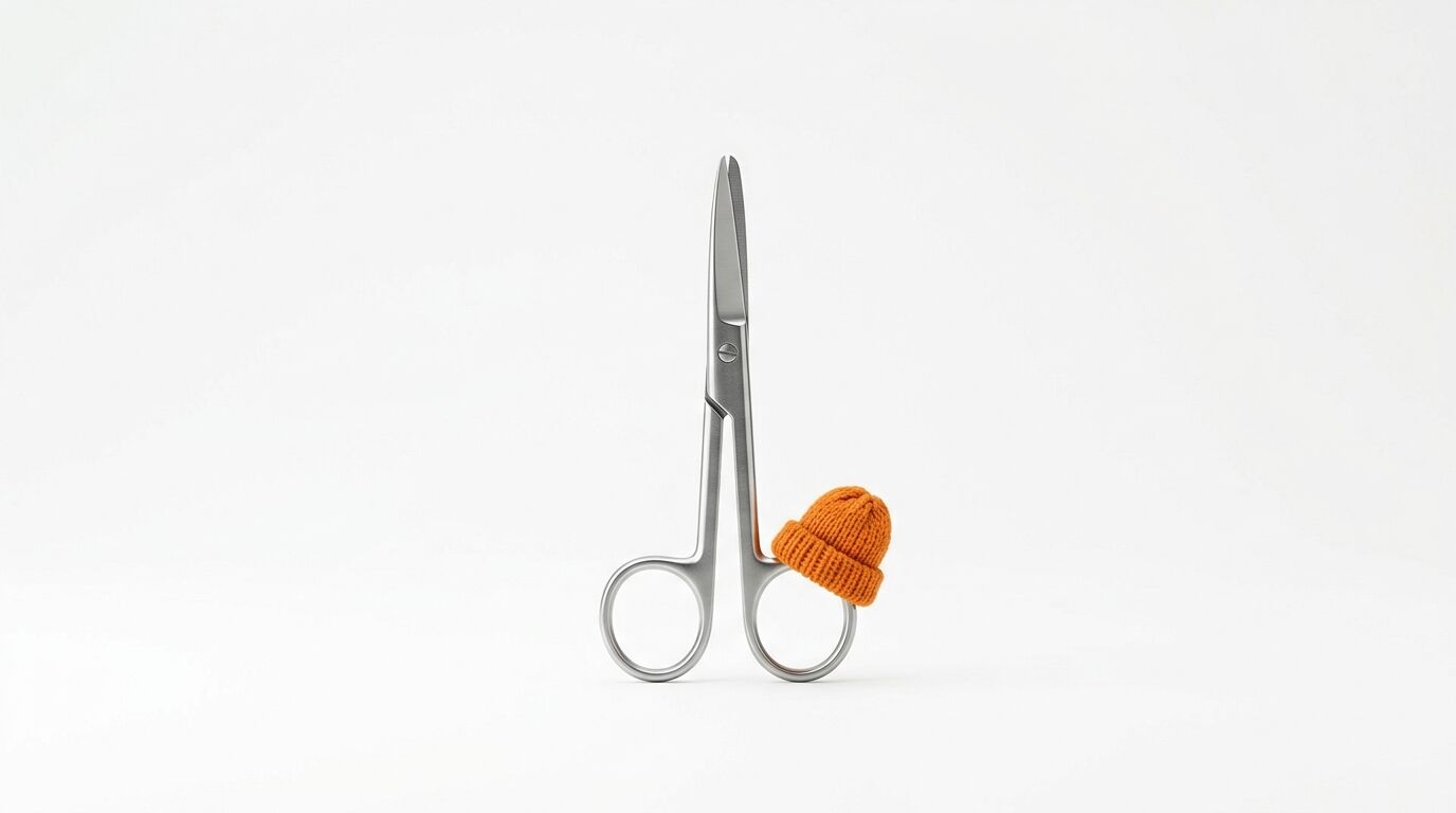 Metallschere mit oranger Miniatur-Strickmütze auf einem Griff vor weißem Hintergrund