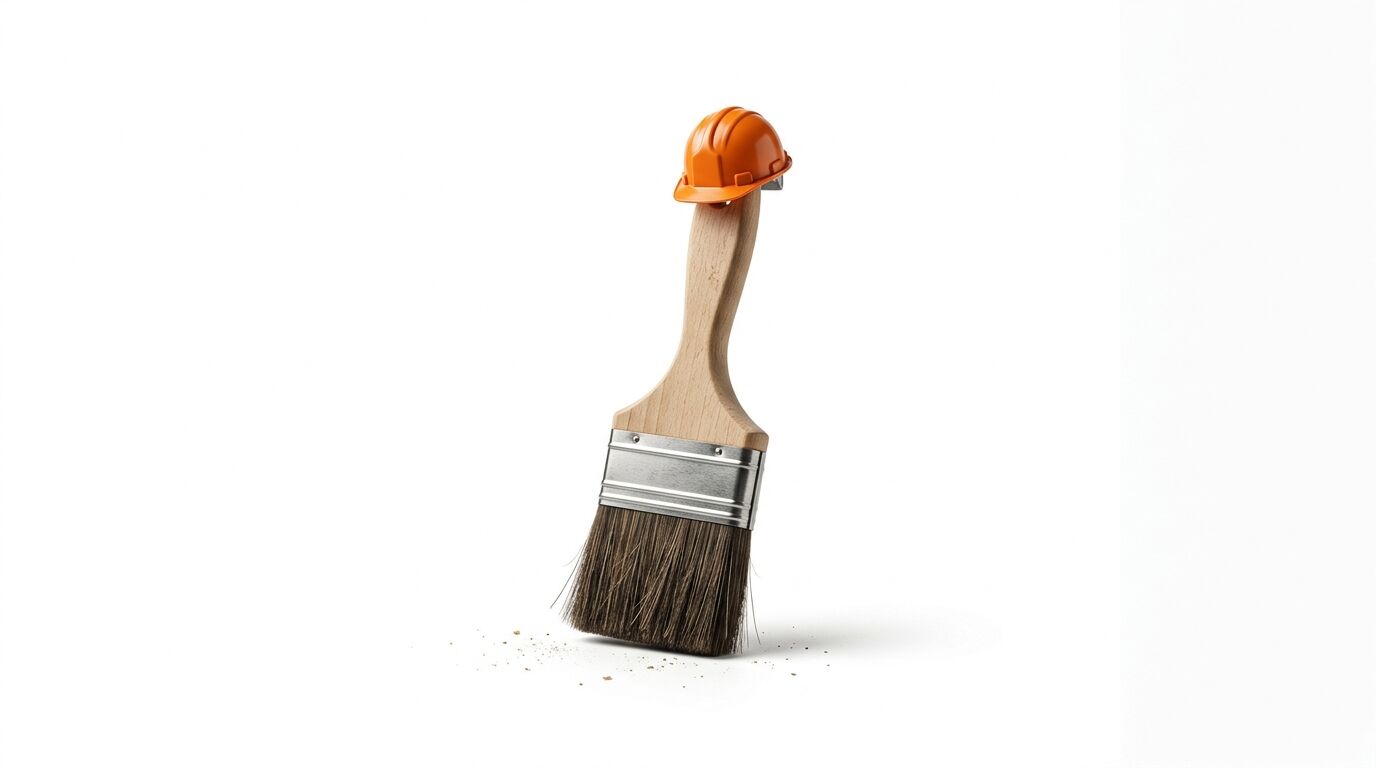 Ein aufrecht stehender Malerpinsel mit einem kleinen orangefarbenen Schutzhelm oben auf dem Griff