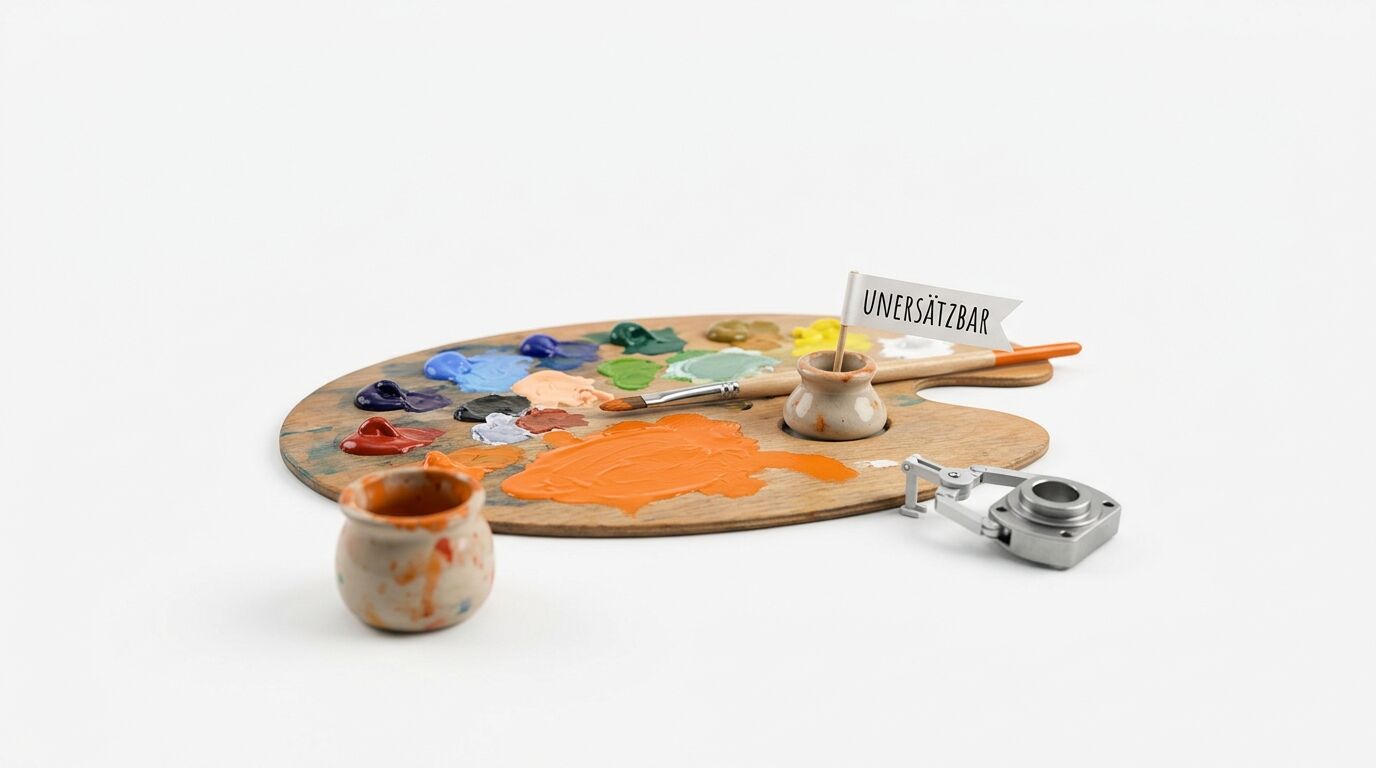 Malerpalette, Pinsel, Farbtöpfe, Greifer, Fahne mit Aufschrift „UNERSÄTZBAR“