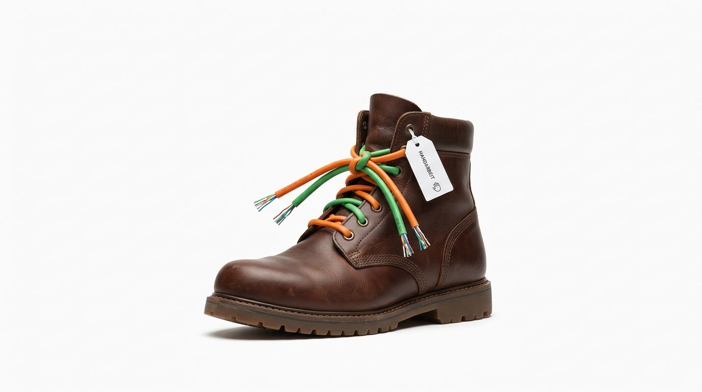 Brauner Lederstiefel mit Kabeln als Schnürsenkel und einem Anhänger mit der Aufschrift „Handarbeit“