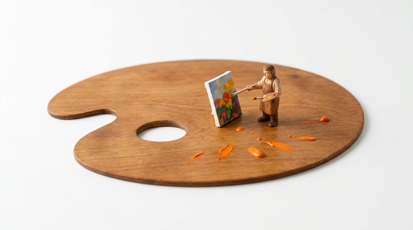 Miniatur-Malerfigur steht auf Holzpalette und bemalt Mini-Leinwand mit oranger Farbe