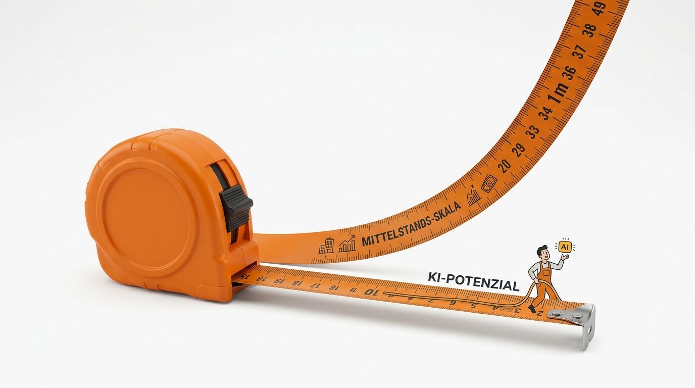 Oranges Maßband auf weißem Grund mit Aufschrift „MITTELSTANDS-SKALA“ und „KI-POTENZIAL“