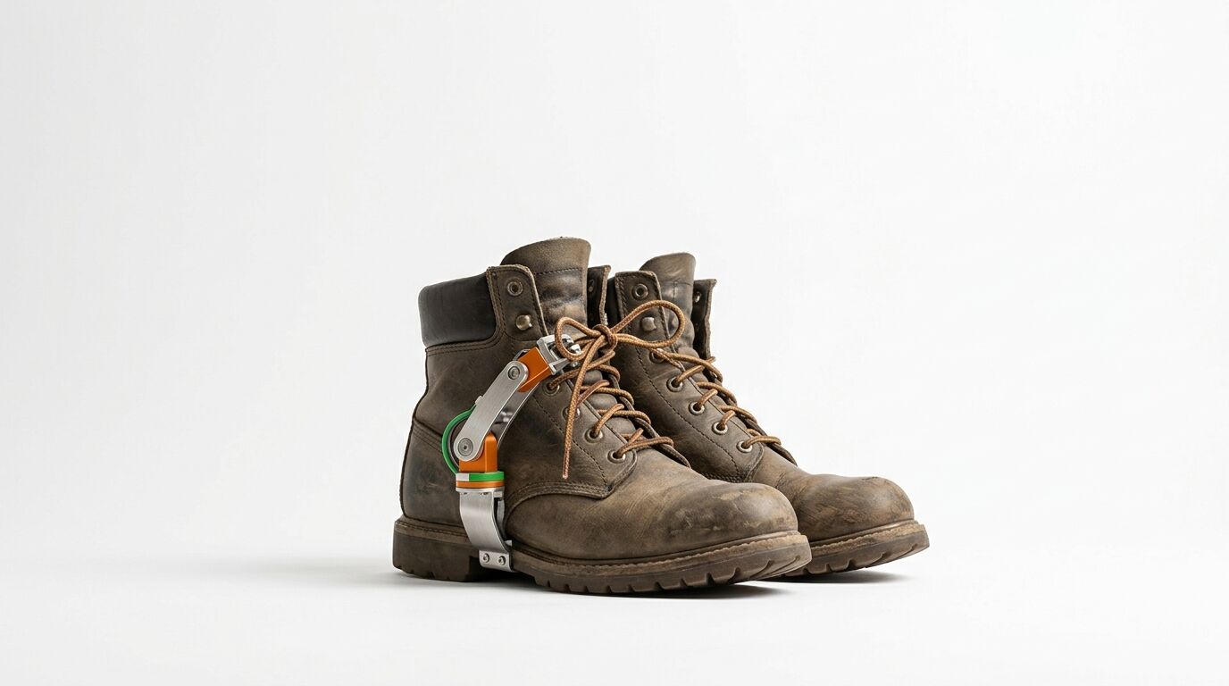 Lederstiefel mit mechanischem Anbauteil auf weißem Grund