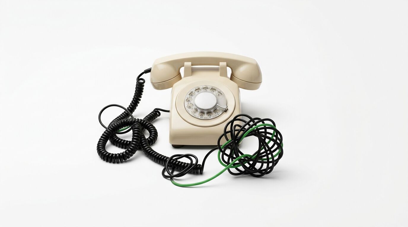 Beiges Wählscheibentelefon mit Kabelsalat auf weißem Hintergrund