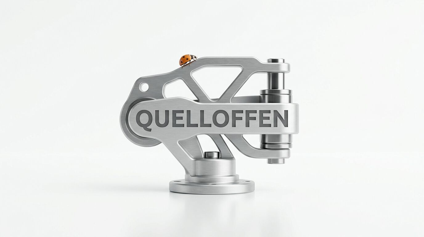 Metallgelenk mit Text „QUELLOFFEN“, darauf ein Marienkäfer, vor weißem Hintergrund