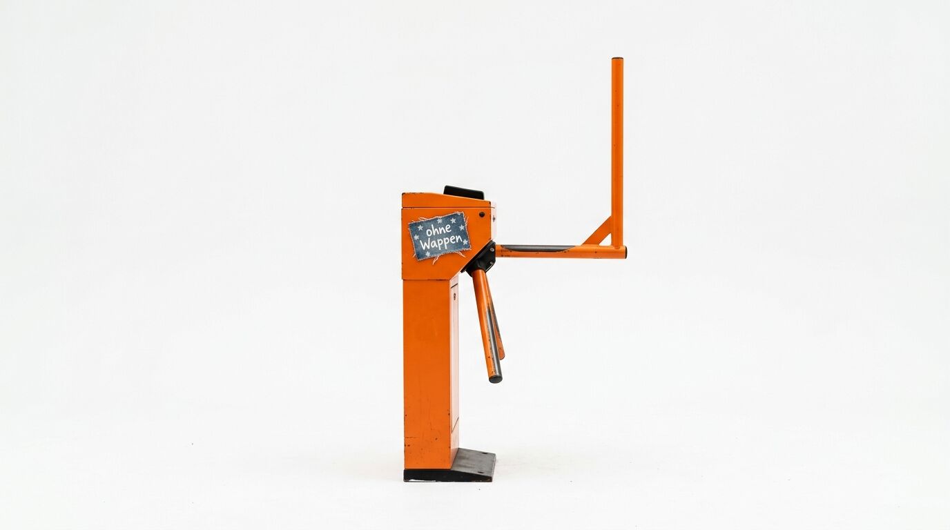 Ein orangefarbenes Drehkreuz mit Schranke und blauem Schild vor weißem Hintergrund