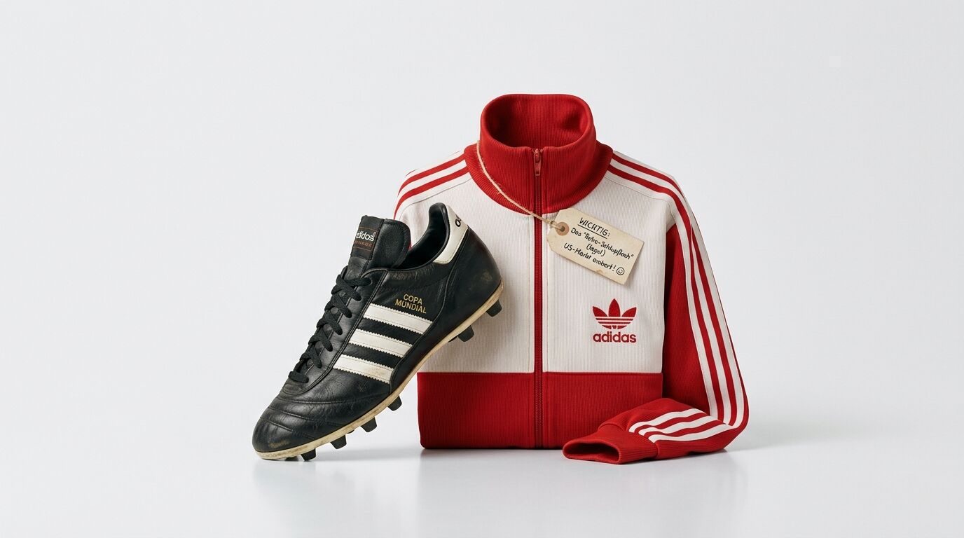 Rot-weiße Adidas-Jacke und schwarzer Fußballschuh mit Etikett auf weißem Grund