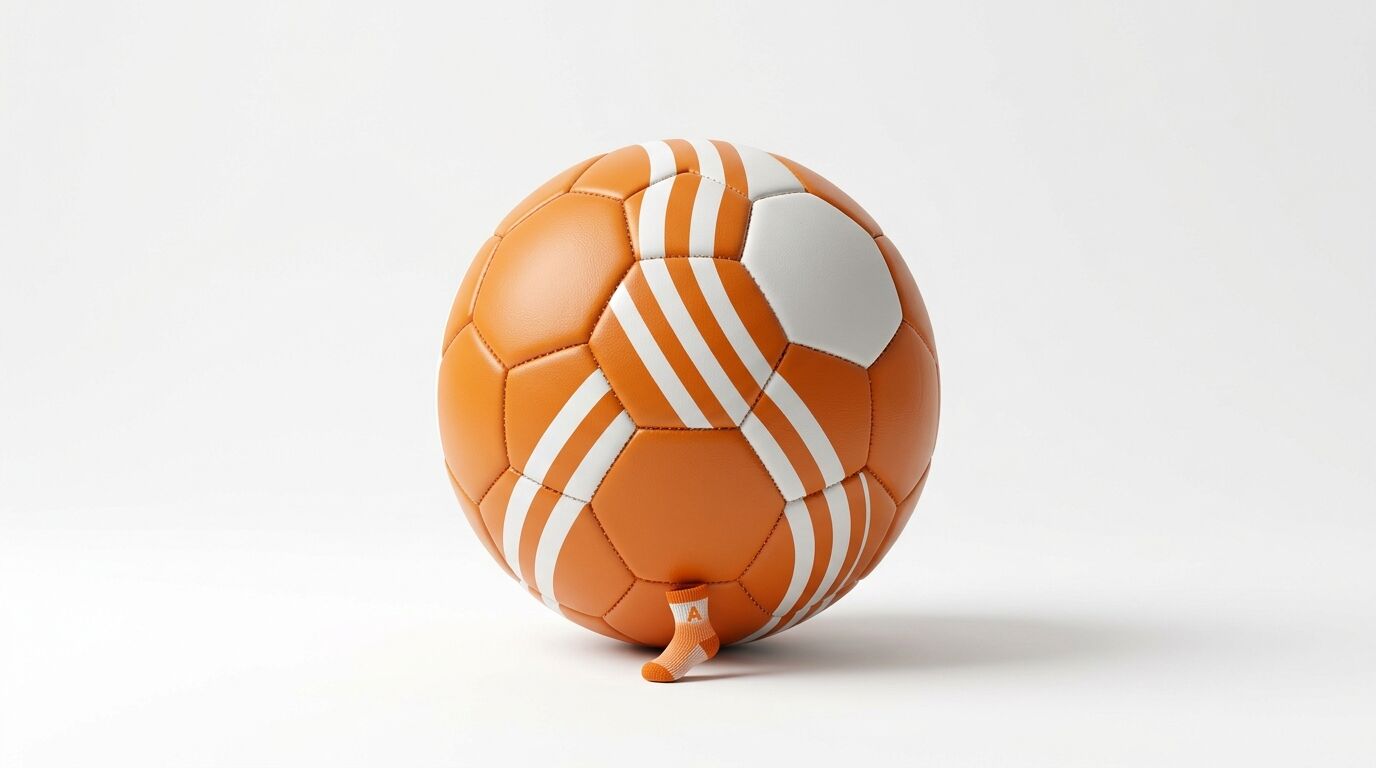 Oranger Fußball mit weißen Streifen steht auf einer winzigen Socke vor weißem Grund