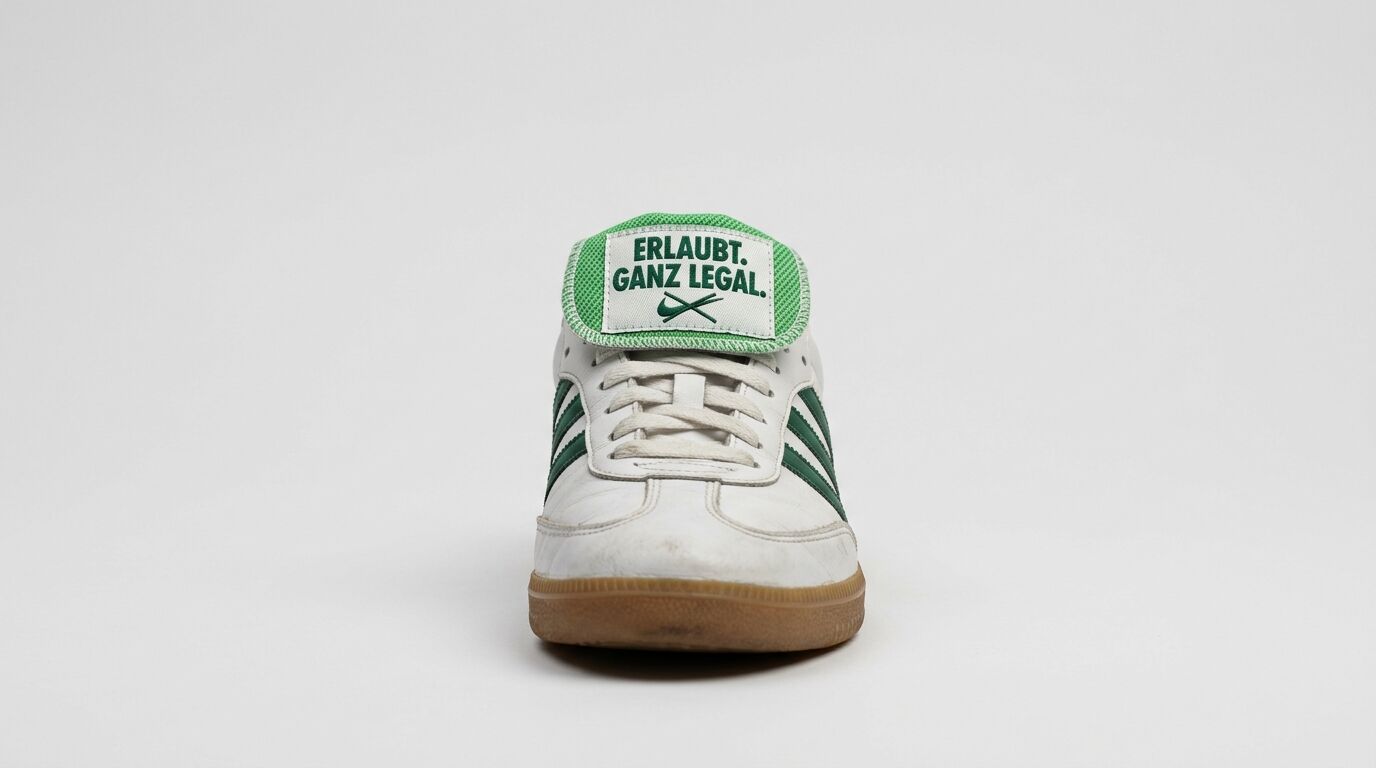Weißer Sneaker mit grünen Streifen und Text „ERLAUBT. GANZ LEGAL.“ auf der Lasche