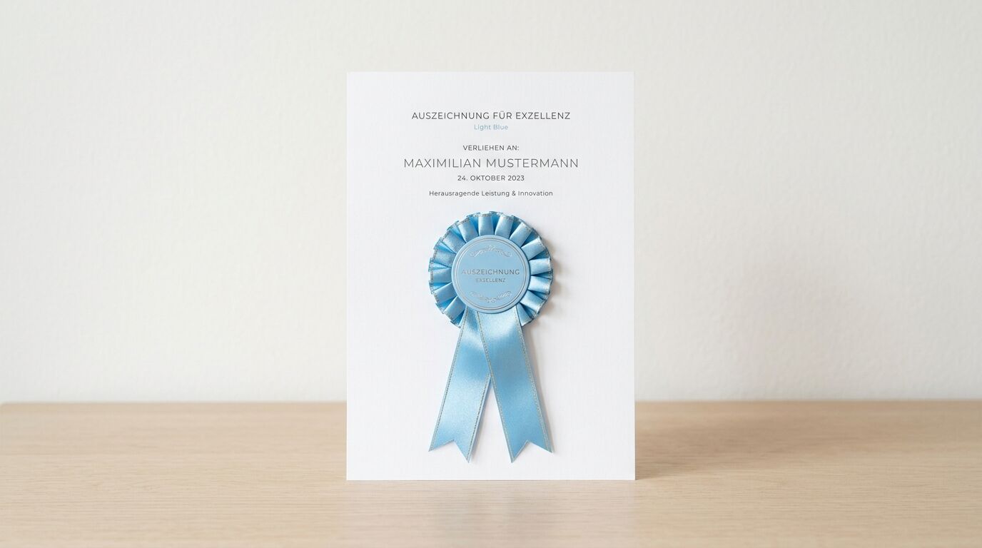Ein gerahmtes Zertifikat mit einer blauen Rosette auf einem Tisch