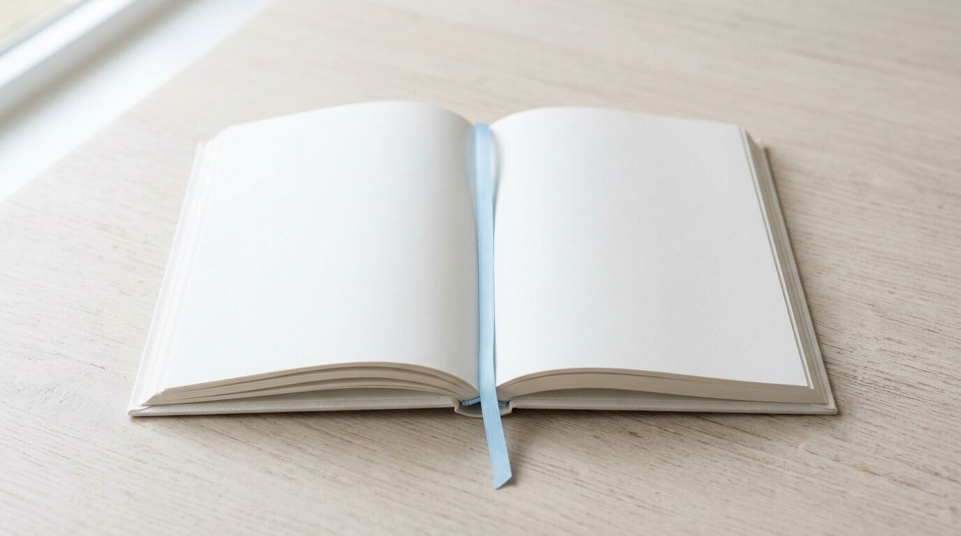 Ein geöffnetes, leeres Buch mit einem hellblauen Lesezeichenband liegt auf einem Holztisch
