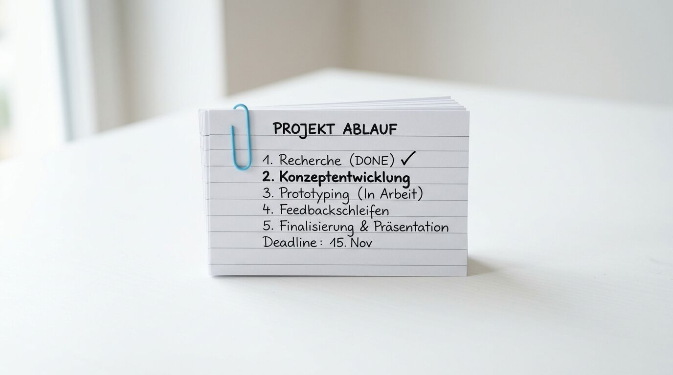 Linierte Karteikarten mit blauer Büroklammer und handschriftlicher Projektliste auf einem Tisch