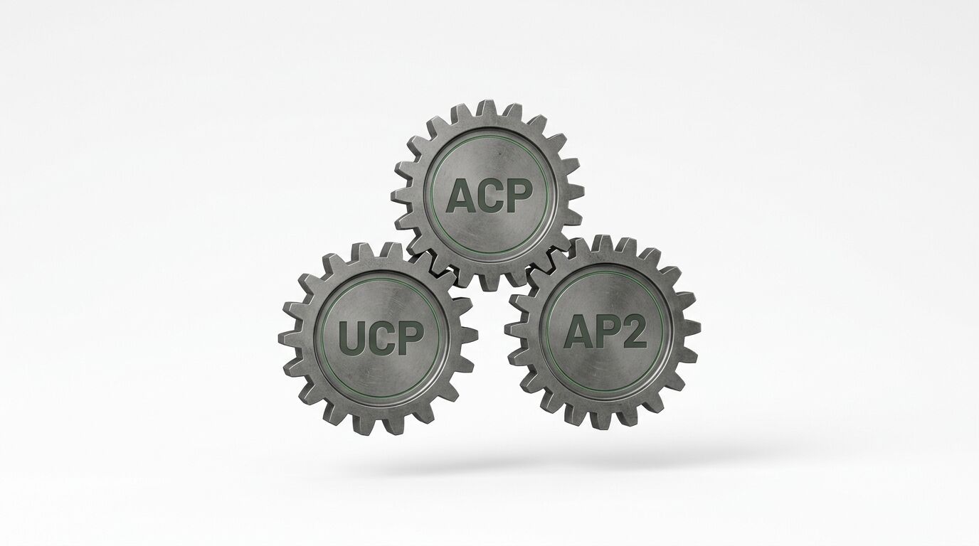 Drei ineinandergreifende Metall-Zahnräder mit Aufschriften UCP, ACP und AP2 auf hellem Grund