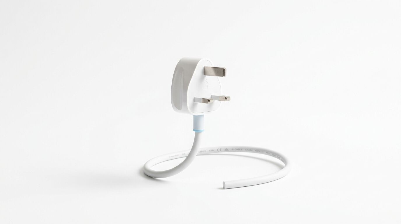 Ein weißer, dreipoliger Stecker (Typ G) mit einem spiralförmigen, weißen Kabel auf weißem Grund