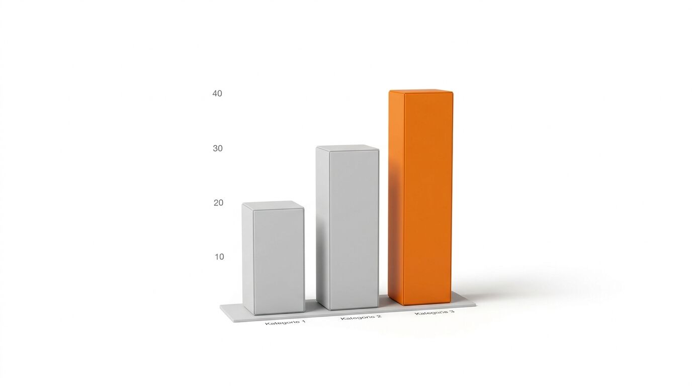 Ein 3D-Säulendiagramm mit drei steigenden Säulen (grau, grau, orange) auf weißem Grund