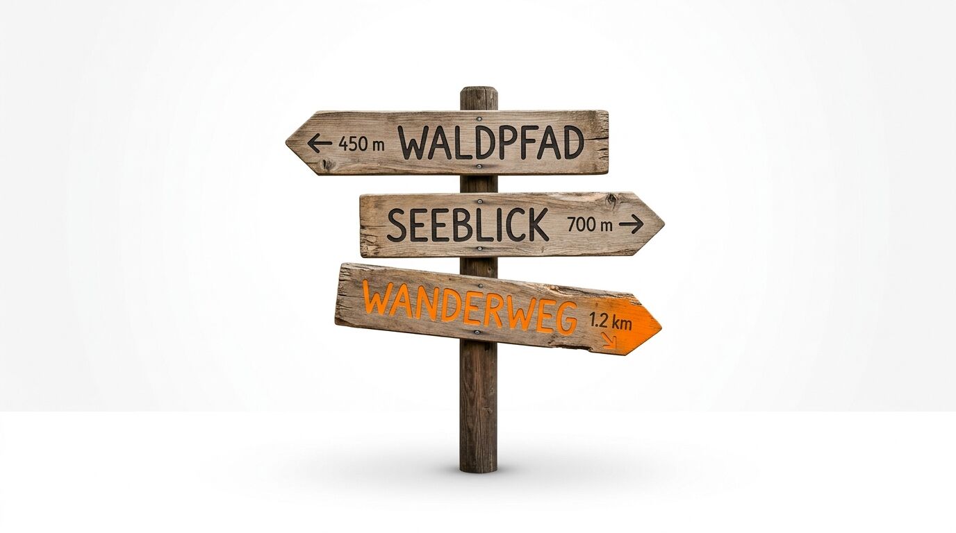Wegweiser aus Holz mit drei Schildern: Waldpfad links, Seeblick rechts, Wanderweg rechts