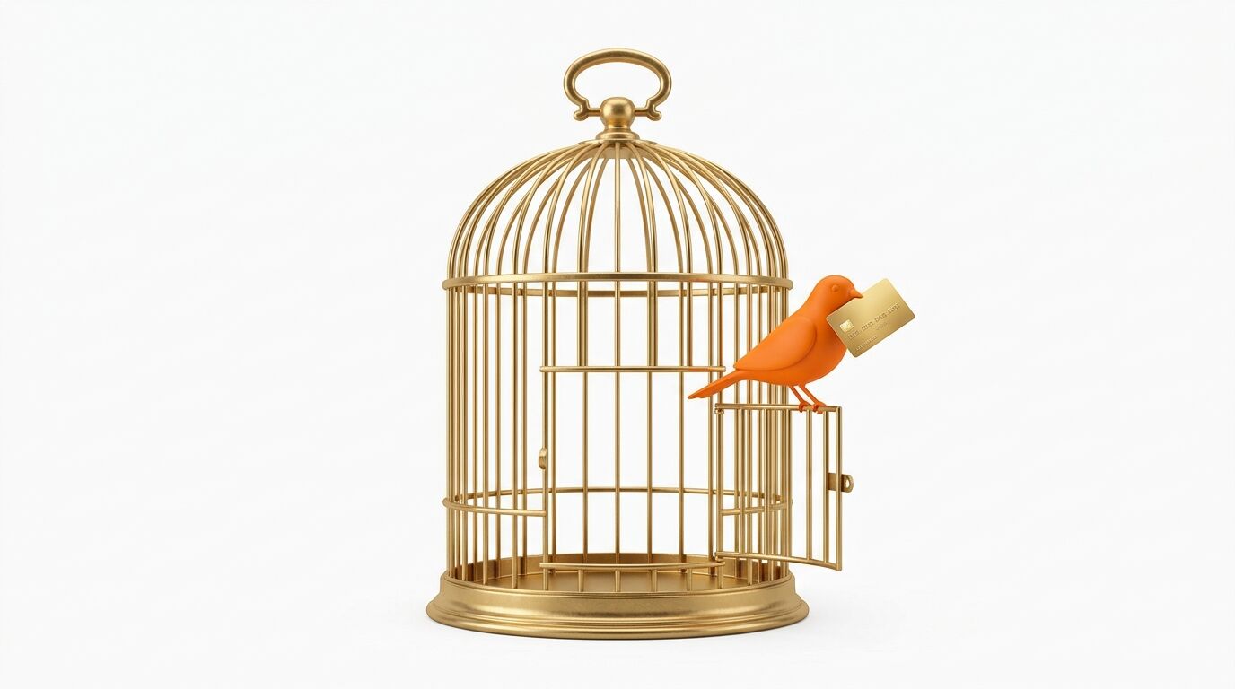 Oranger Vogel mit Goldkarte im Schnabel fliegt aus goldenem Käfig