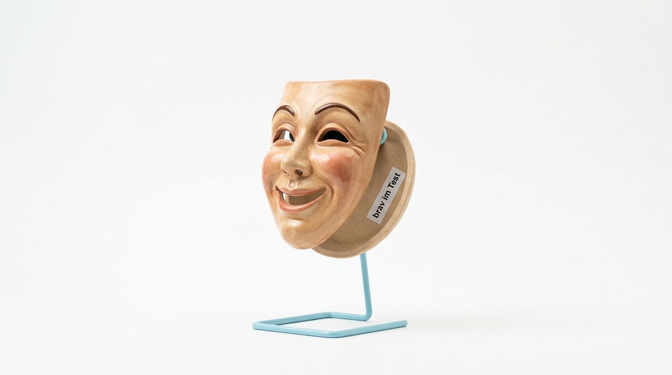 Grinsende Keramikmaske auf hellblauem Ständer; Rückseite mit Text „brav im Test“ visible