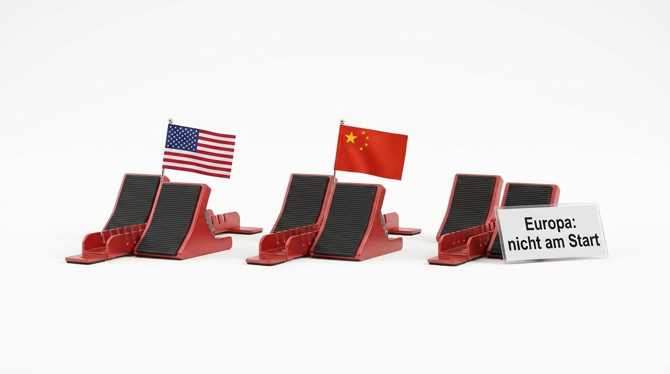 Drei Startblöcke mit USA- und China-Fahnen sowie einem Schild „Europa: nicht am Start“
