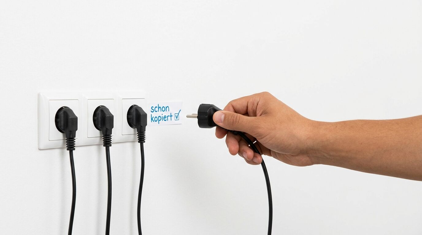 Eine Hand hält einen schwarzen Stecker neben einer Leiste mit drei Steckdosen an einer Wand