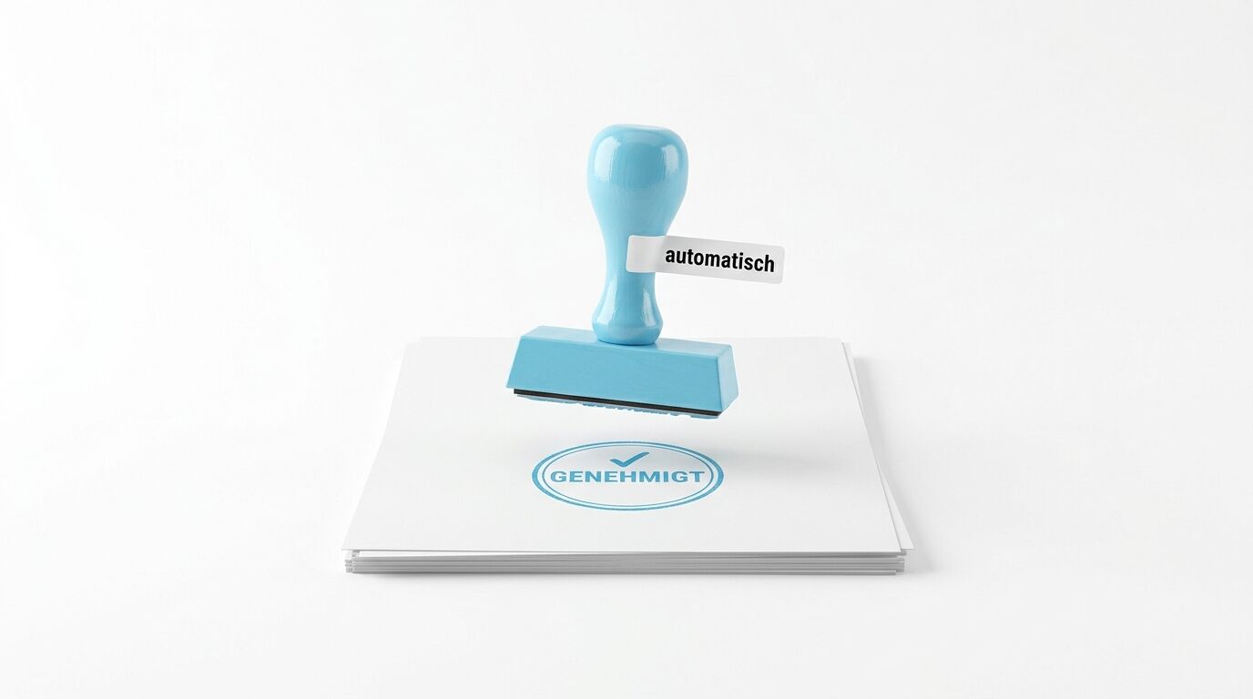 Blauer Stempel schwebt über Papier mit Aufdruck „GENEHMIGT“, Schild „automatisch“ am Griff