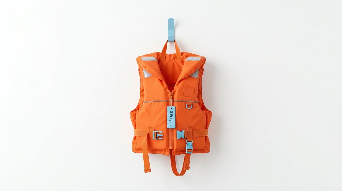 Orangefarbene Schwimmweste hängt an einem blauen Haken vor weißem Hintergrund