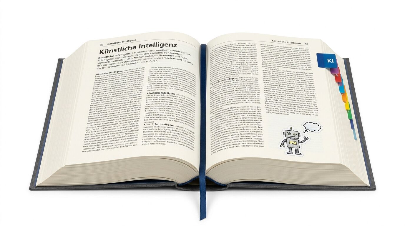Geöffnetes Buch mit Text über KI, Lesebändchen, farbigen Registern und Roboter-Grafik
