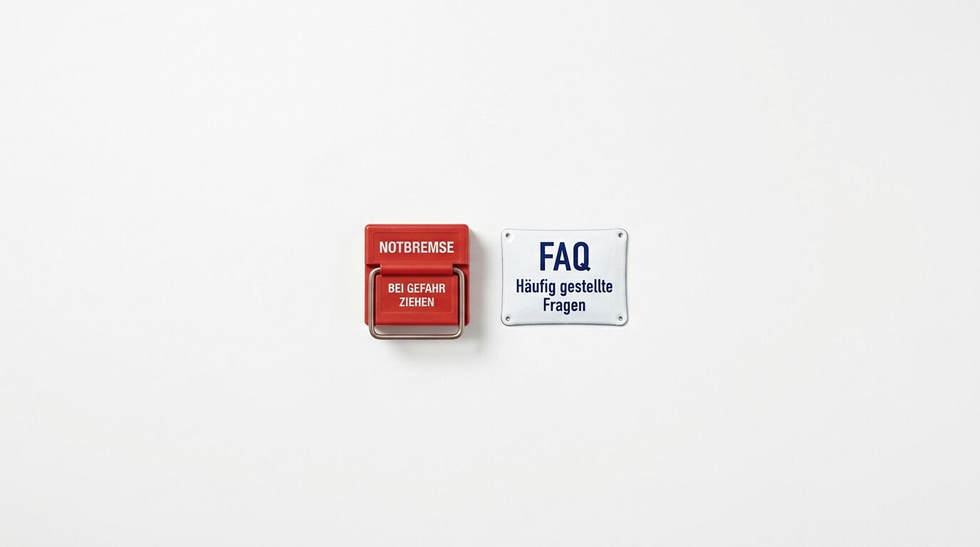 Rote Notbremse und weißes FAQ-Schild auf hellem Grund