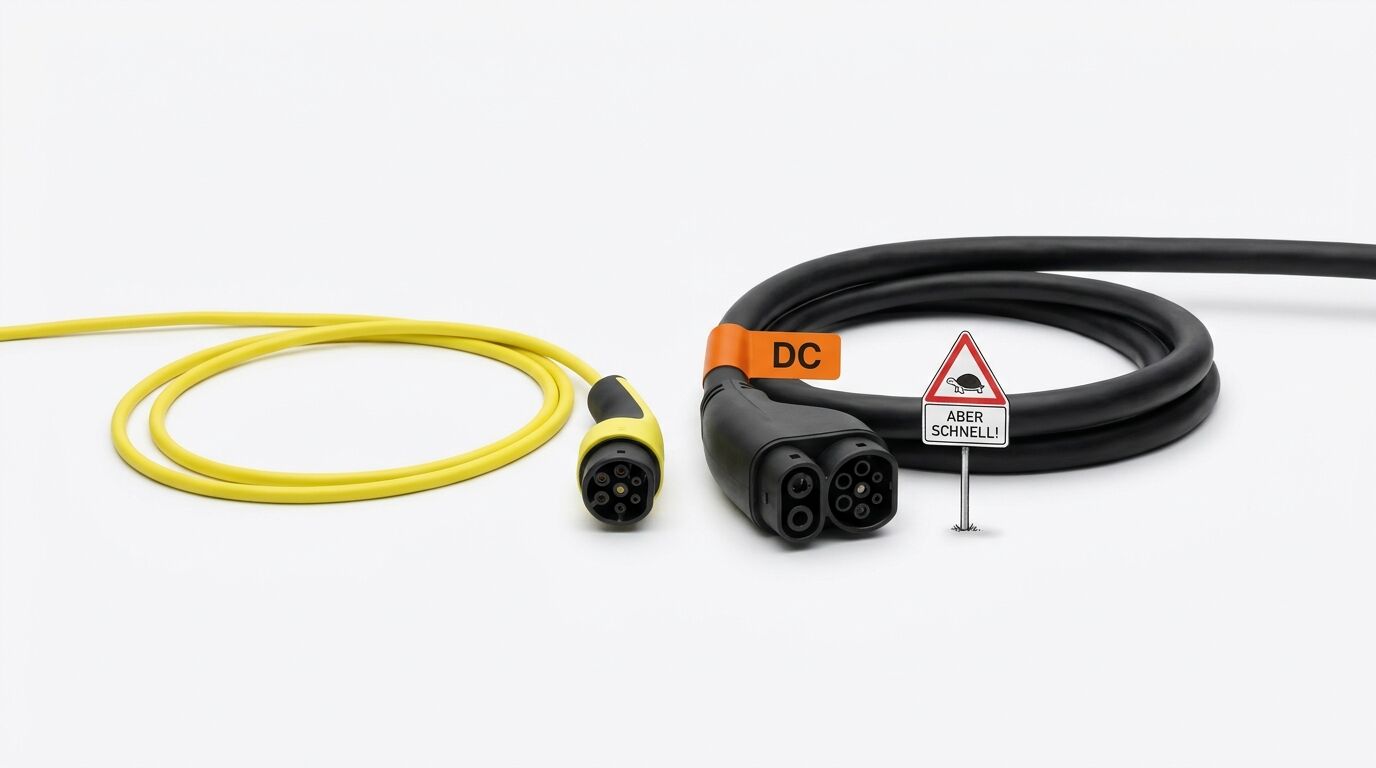 Gelbes AC- und schwarzes DC-Ladekabel mit Stecker Typ 2 bzw. CCS neben Warnschild auf Weiß