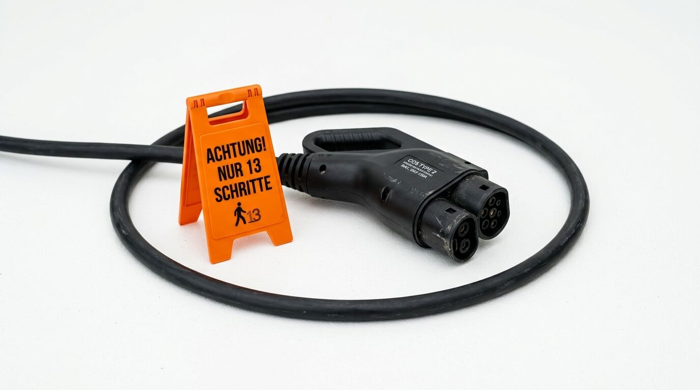 Ein EV-Ladekabel mit Stecker, umgeben von einem Warnaufsteller mit deutschem Text