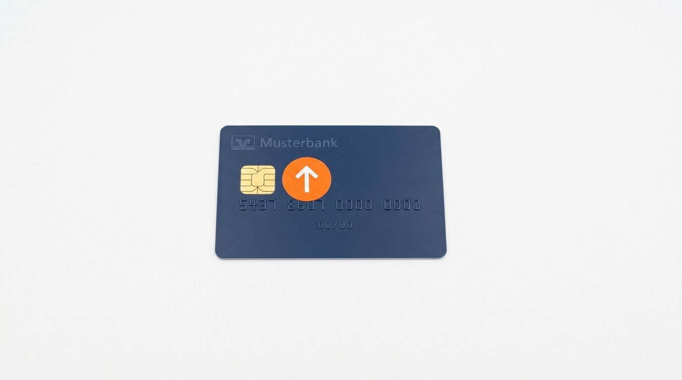 Blaue Musterbank-Karte mit Chip und orangefarbenem Pfeil auf weißem Grund