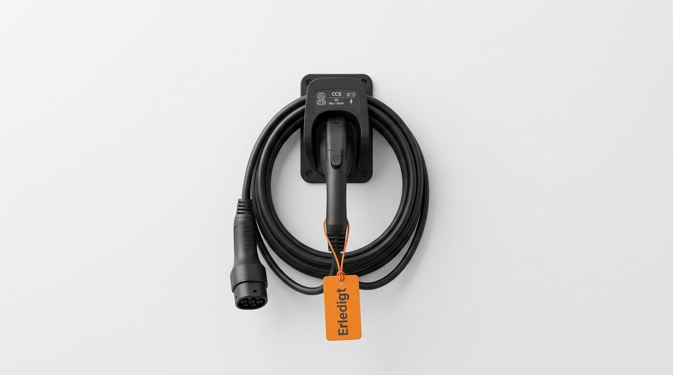 Schwarzes Ladekabel mit Stecker, Wandhalterung und orangefarbenem „Erledigt“-Anhänger