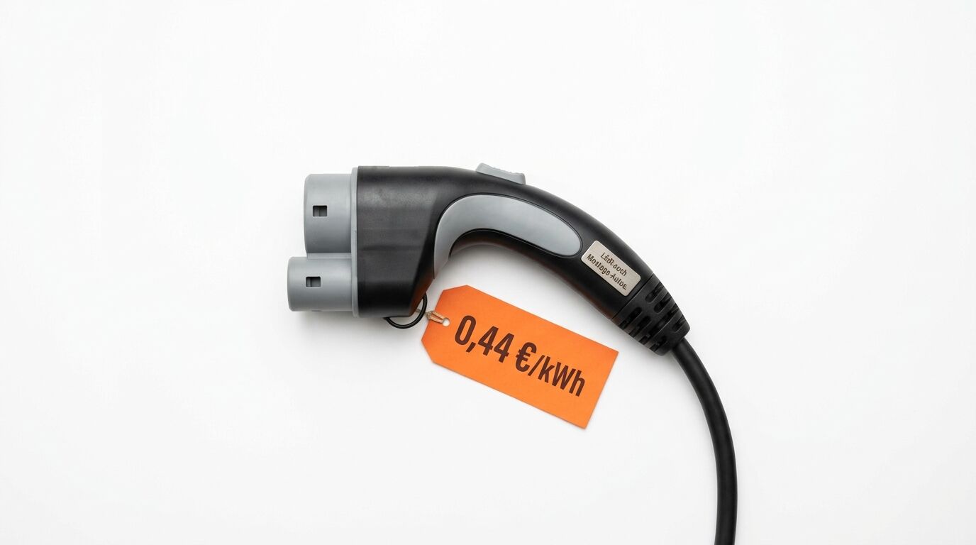 Ein Ladestecker für Elektrofahrzeuge mit einem orangefarbenen Preisschild von 0,44 €/kWh