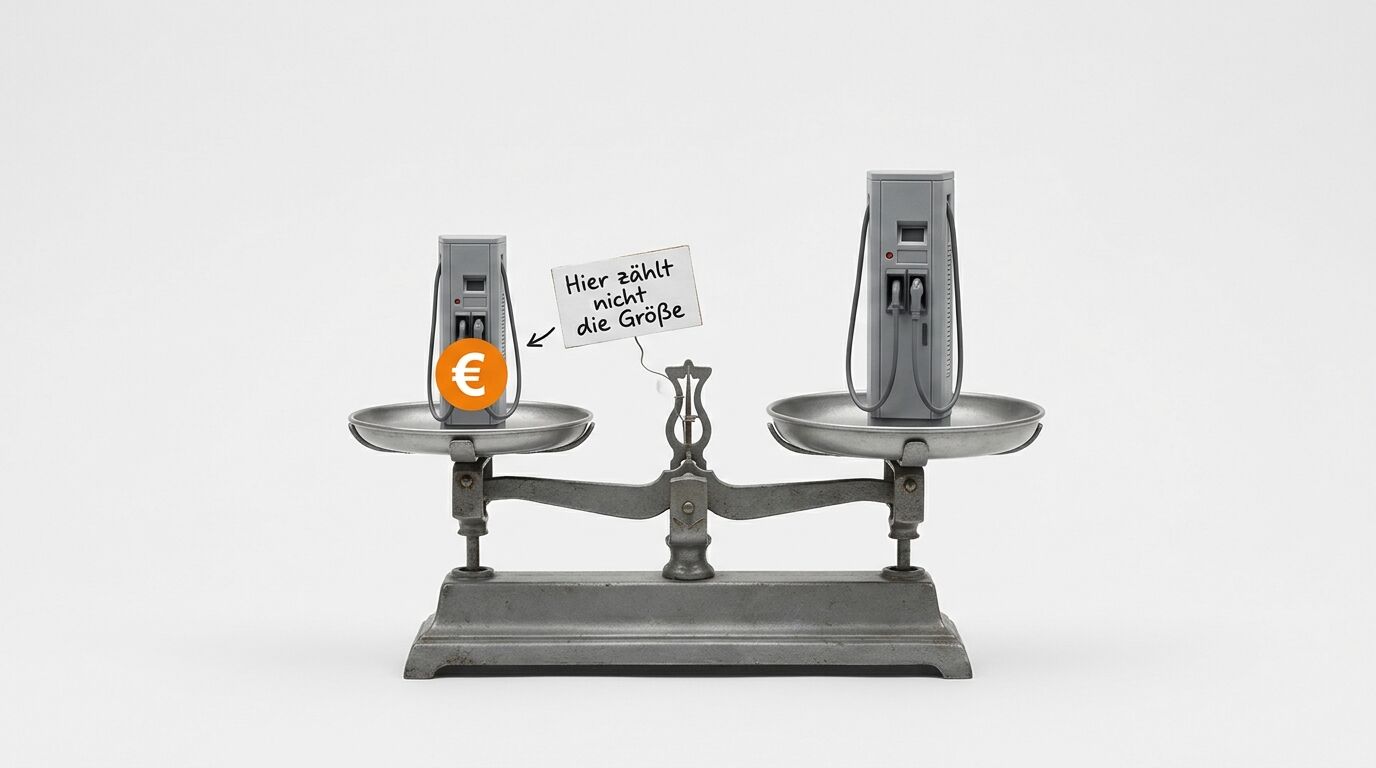 Waage mit zwei ungleich großen Ladesäulen-Modellen und dem Schriftzug 