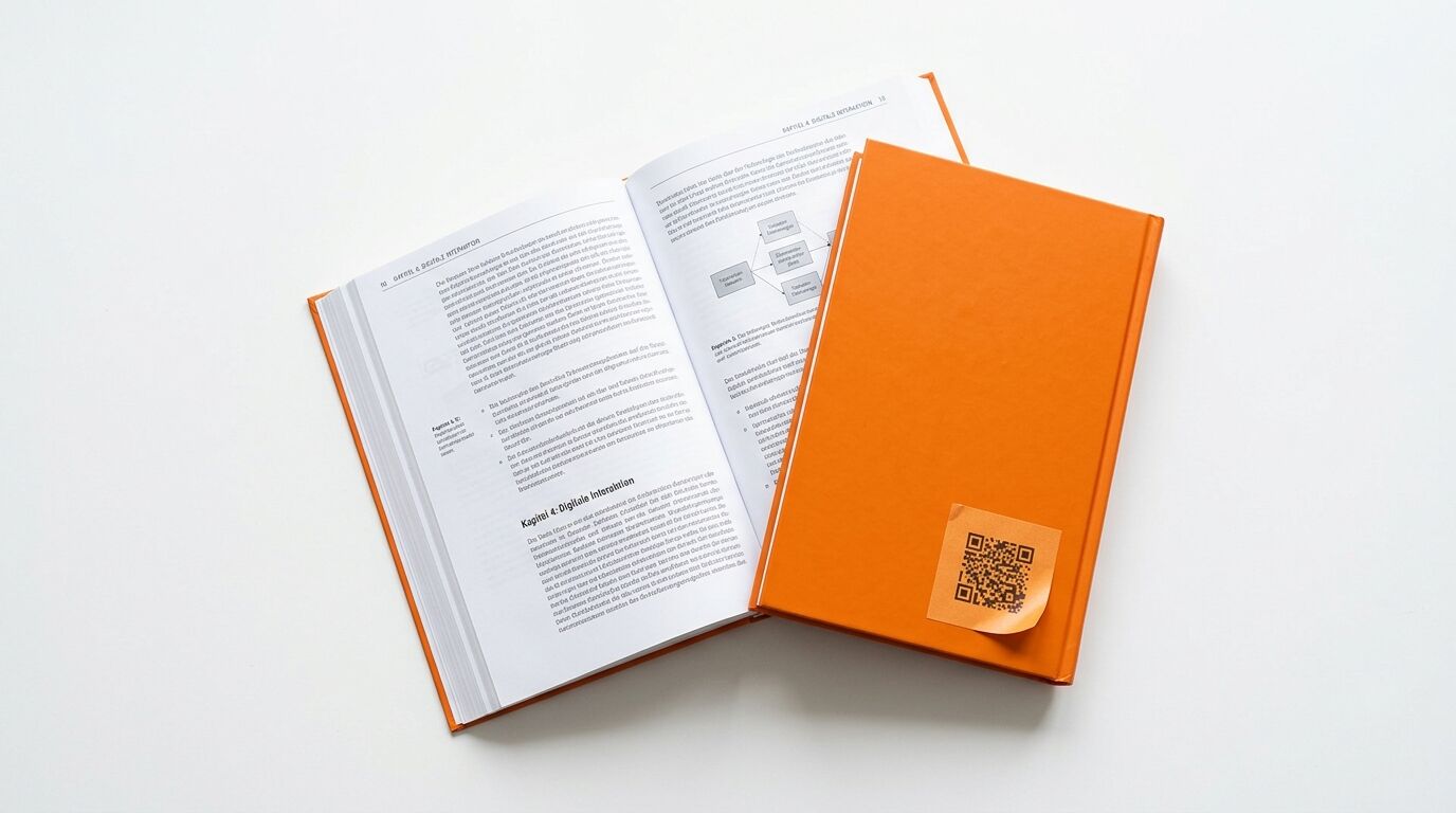 Geöffnetes Buch, darauf ein geschlossenes oranges Buch mit QR-Code