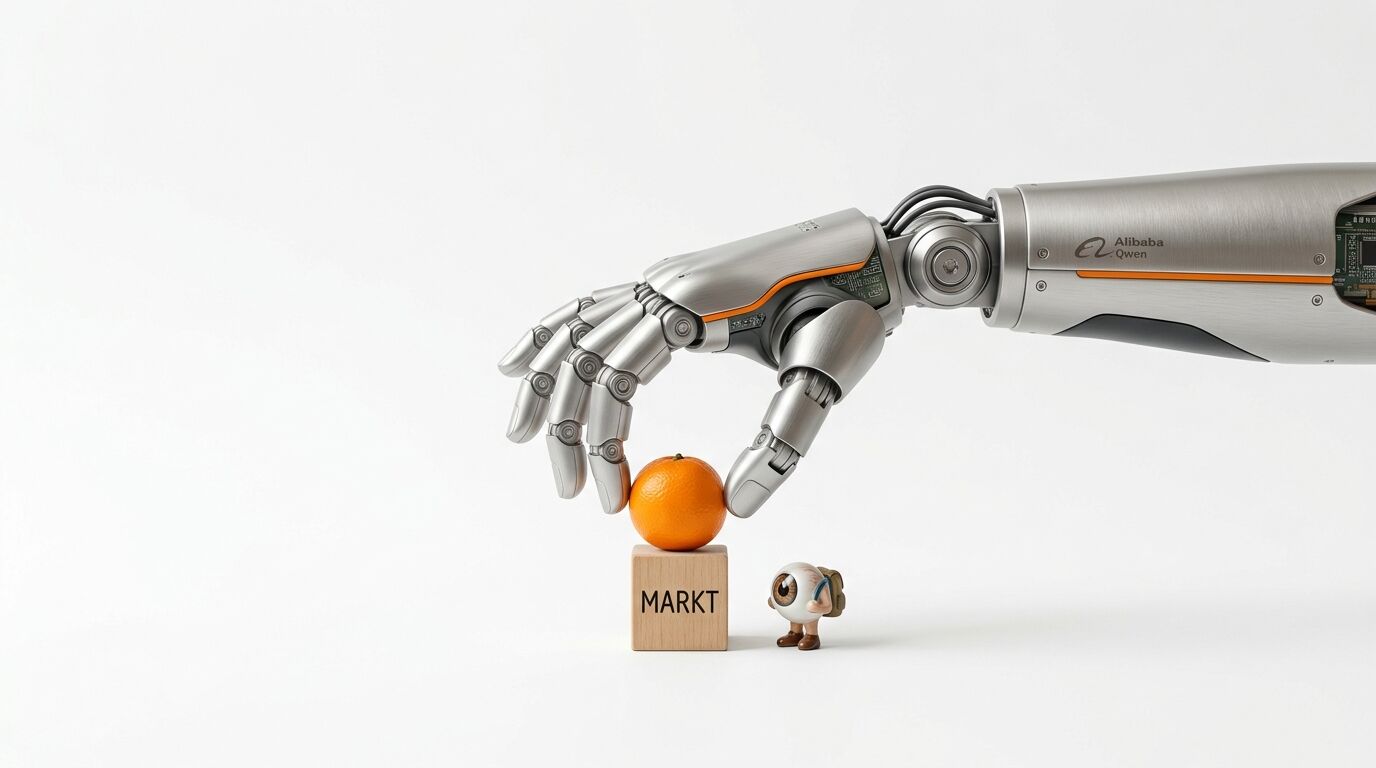 Roboterarm greift Orange auf Holzwürfel mit Aufschrift „MARKT“, daneben ein Augapfel mit Rucksack