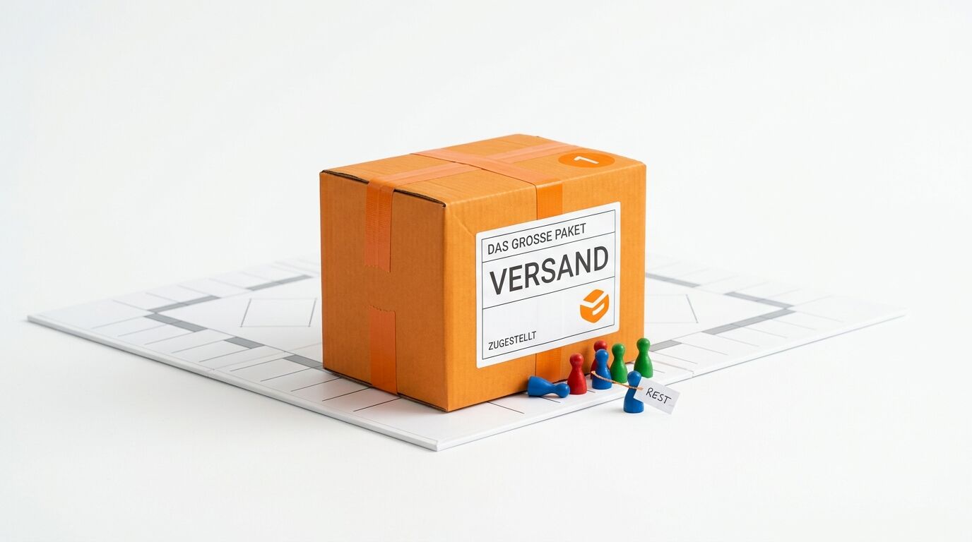 Ein gelbes Paket mit der Aufschrift „VERSAND“ auf einem leeren Spielbrett mit Spielfiguren
