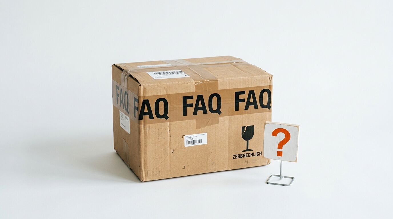Karton mit Klebeband mit der Aufschrift „FAQ“ und ein Schild mit Fragezeichen