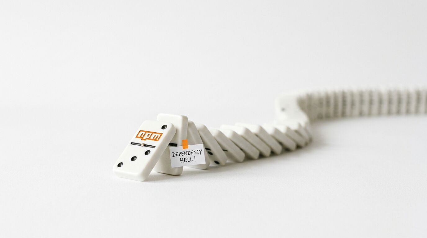 Dominosteine fallen, angeführt von einem Stein mit „npm“-Logo und „DEPENDENCY HELL!“-Schild