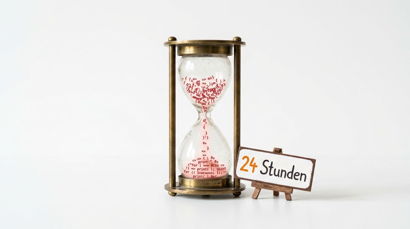 Eine Sanduhr mit Code-Sand neben einem Schild mit der Aufschrift „24 Stunden“