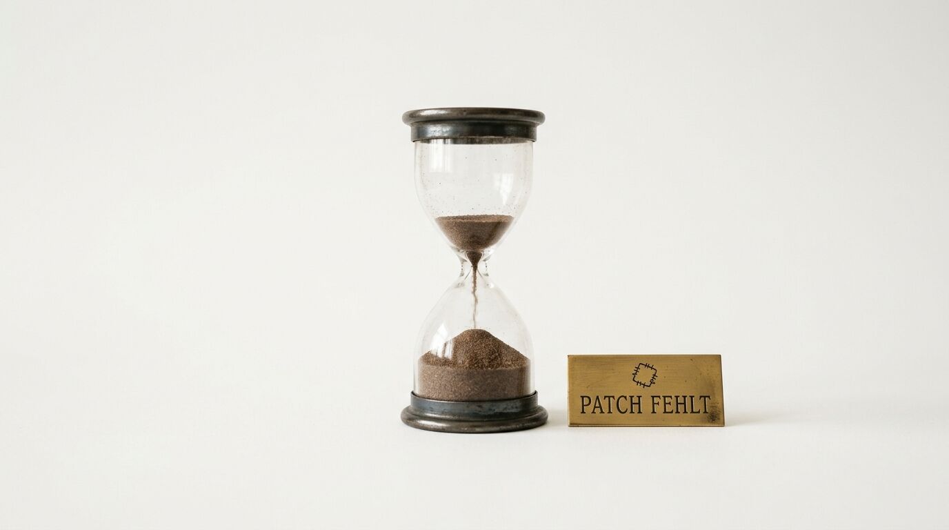 Eine Sanduhr und eine goldene Plakette mit der Aufschrift „PATCH FEHLT“ auf Weiß