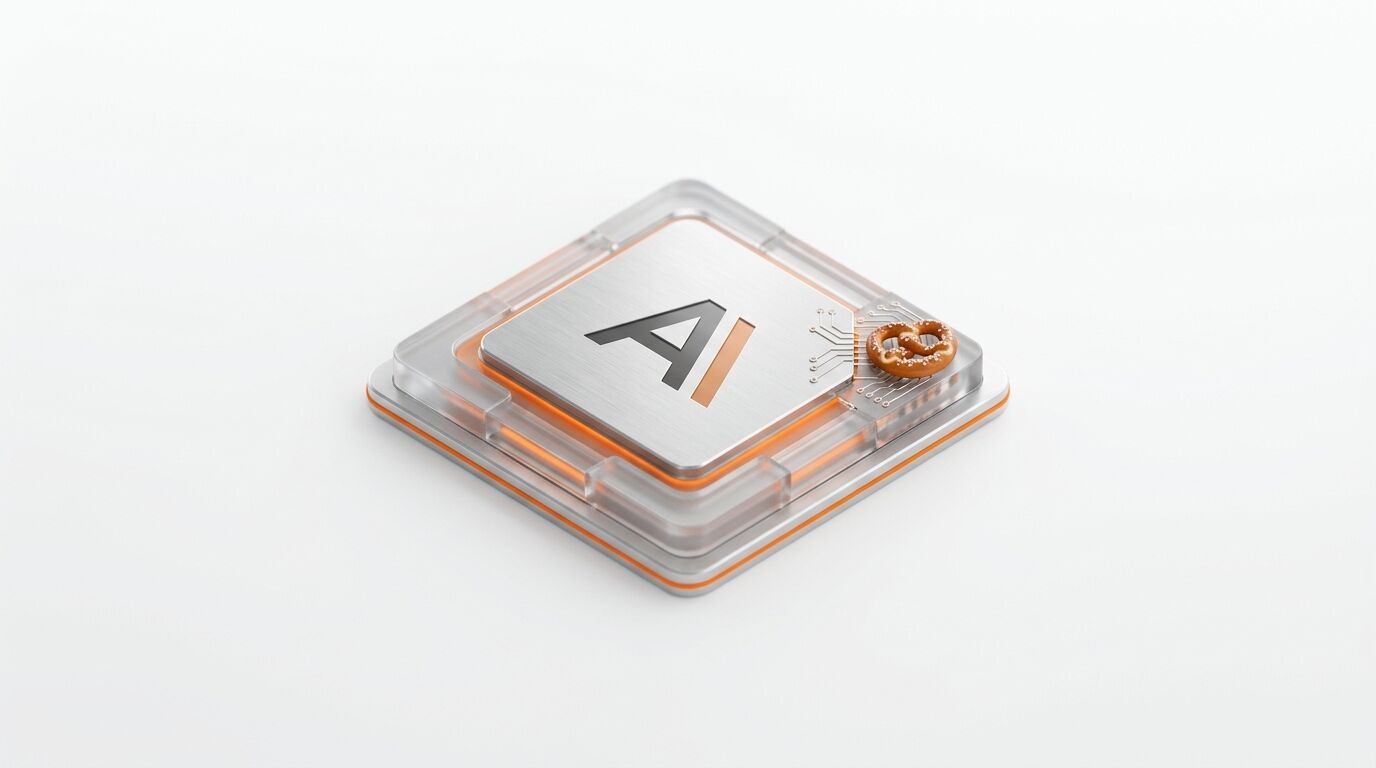 Ein silberner KI-Chip in Glasfassung mit Brezel auf weißem Hintergrund