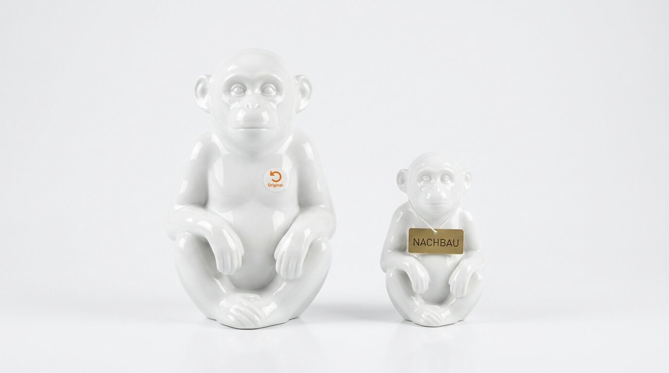 Zwei weiße Affenfiguren, links groß mit „Original“-Sticker, rechts klein mit „NACHBAU“-Schild