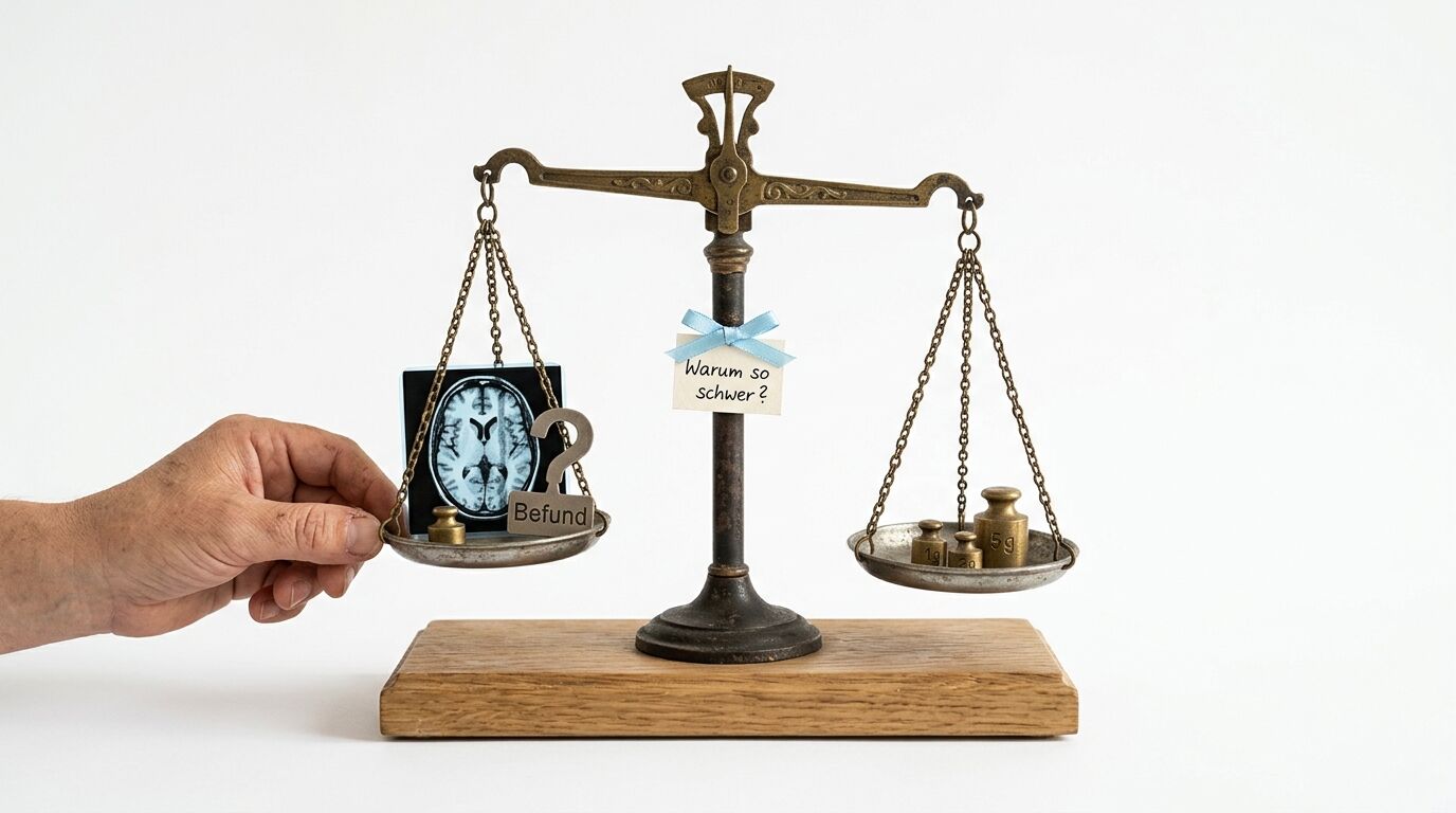 Balkenwaage: links Hand hält Hirnbild/Befund, rechts Gewichte. Frage: 