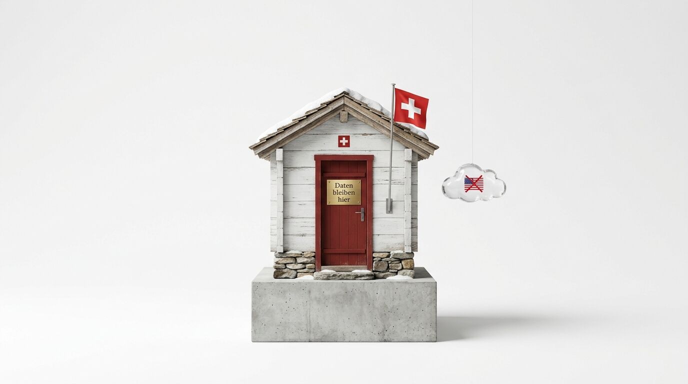 Hütte mit Schweizer Flagge, Türschild „Daten bleiben hier“ und durchgestrichener USA-Cloud
