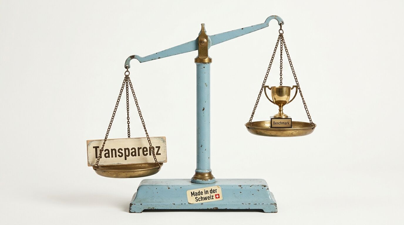 Transparenz und Pokal „Benchmark“ auf Waage mit „Made in der Schweiz“-Aufkleber