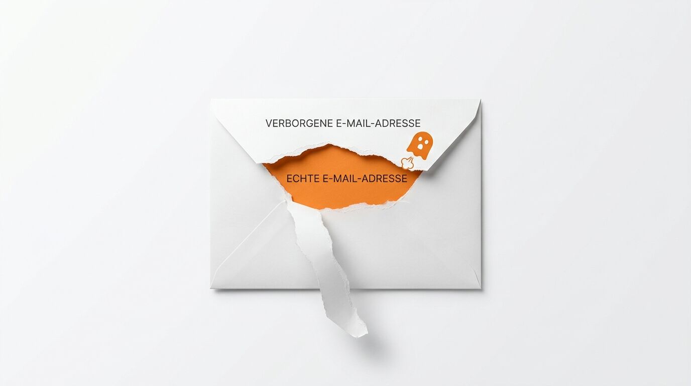Offener Umschlag: „Verborgene E-Mail-Adresse“, oranger Geist, innen „Echte E-Mail-Adresse“
